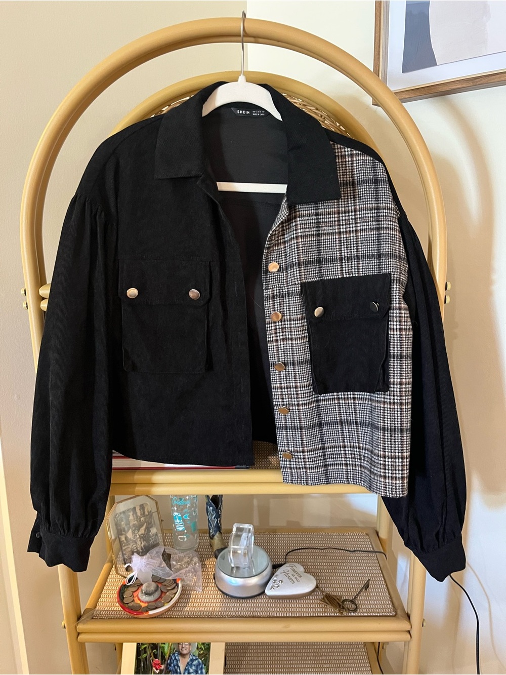 SHEIN Black & Gray Plaid Mixed-Media Cropped Jacket